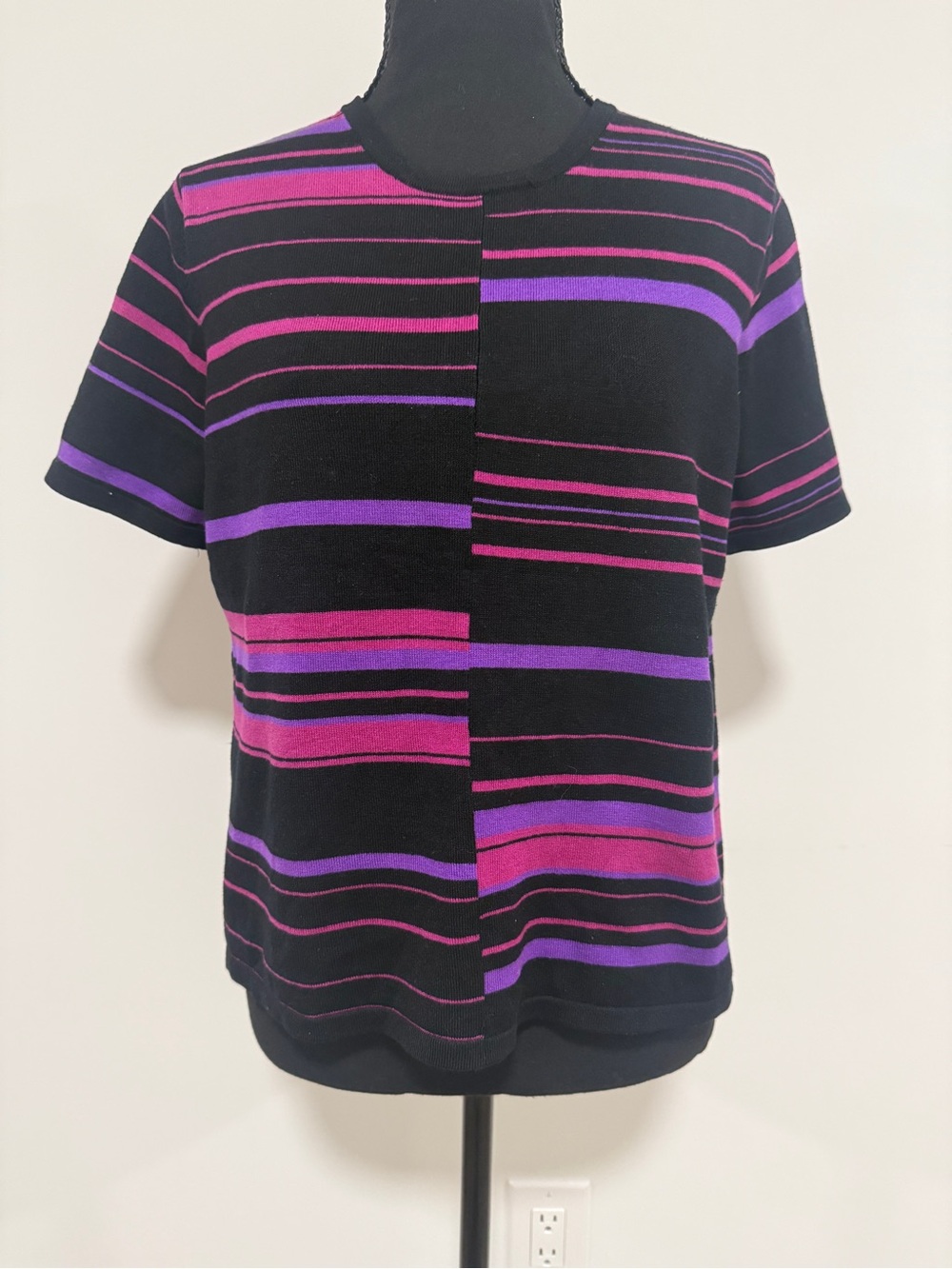 Vintage City Silk Knit Top S/M Black Pink Purple Striped Short Sleeve Retro Fall